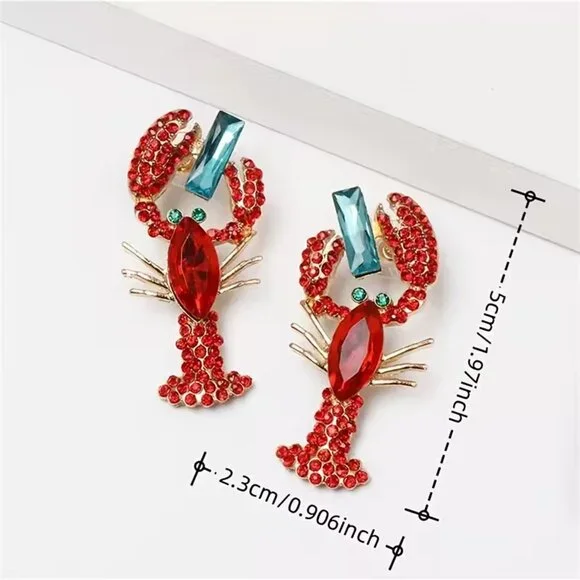 Colorful Red Lobster Rhinestone Statement Dangle Earrings (BRAND-NEW & SO CUTE!) - Picture 3 of 4
